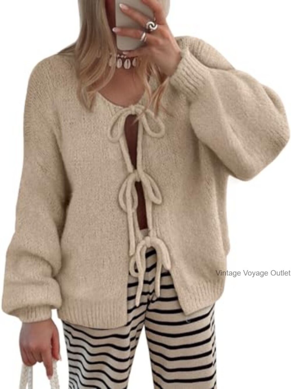Tie Front Cardigan Sweater with Puff Sleeve Bow